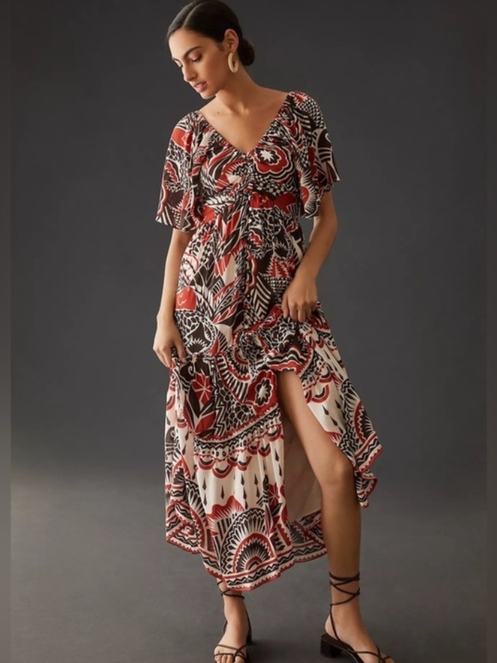 NWT By Anthropologie Tiered Cutout Maxi Dress Red Black Pattern Size XSP